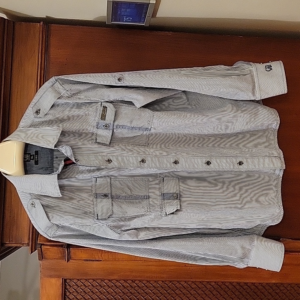 Cavi | Men's Blue White Vertical Striped Cotton Long Sleeve Dress Shirt - XL